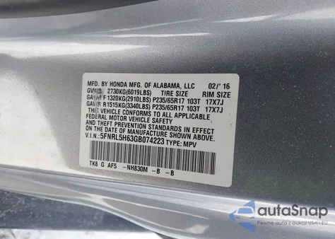 2016 Honda Odyssey Ex-L z USA, uszkodzony, nr VIN 5FNRL5H63GB074223